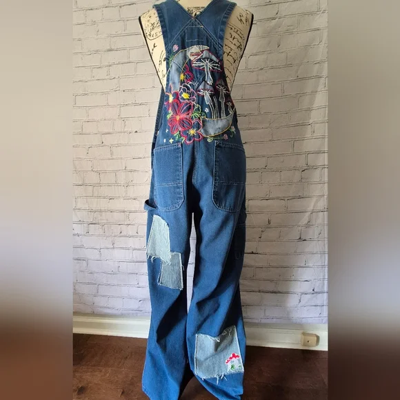 Embroidered Denim Overalls with Floral and Mushroom Design - Picture 2 of 5